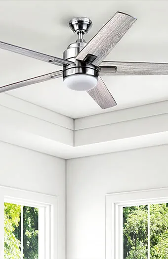 DC motor ceiling fan running on a raked ceiling in a Brisbane home