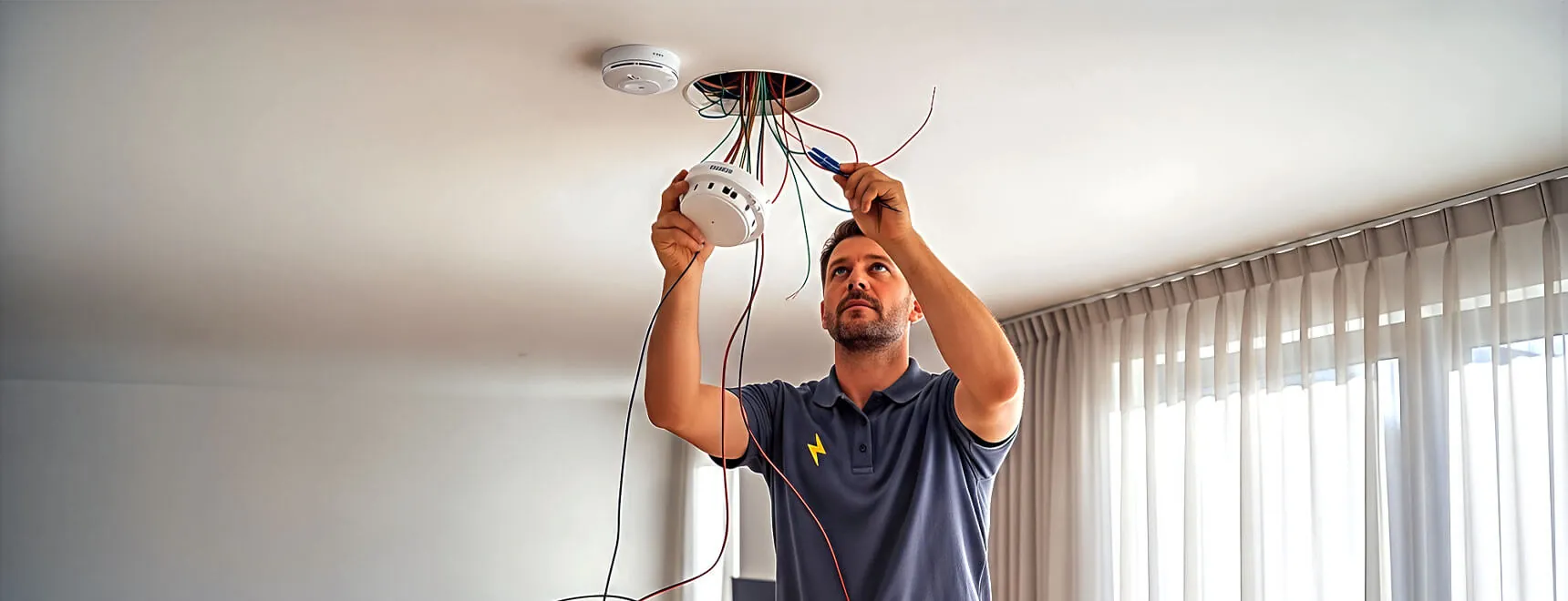 Interconnected photoelectric smoke alarm being installed in a Brisbane bedroom