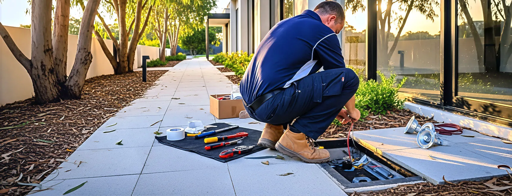 Electrician installing LED downlights in a Brisbane home