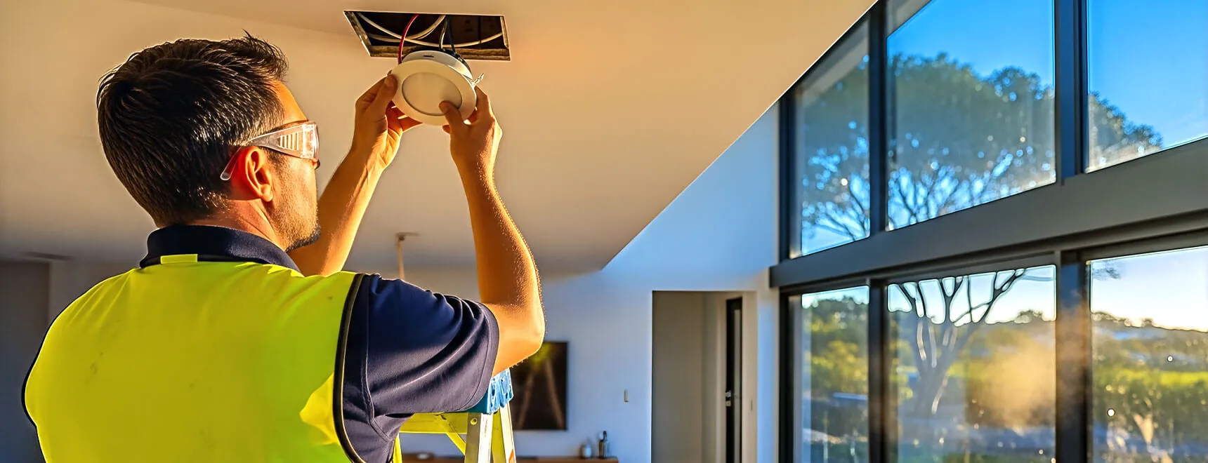 Licensed electrician fitting an LED downlight into a ceiling in Brisbane