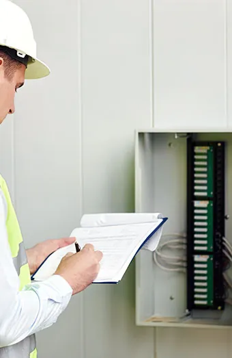 Licensed electrician carrying out an electrical safety inspection in a Brisbane rental