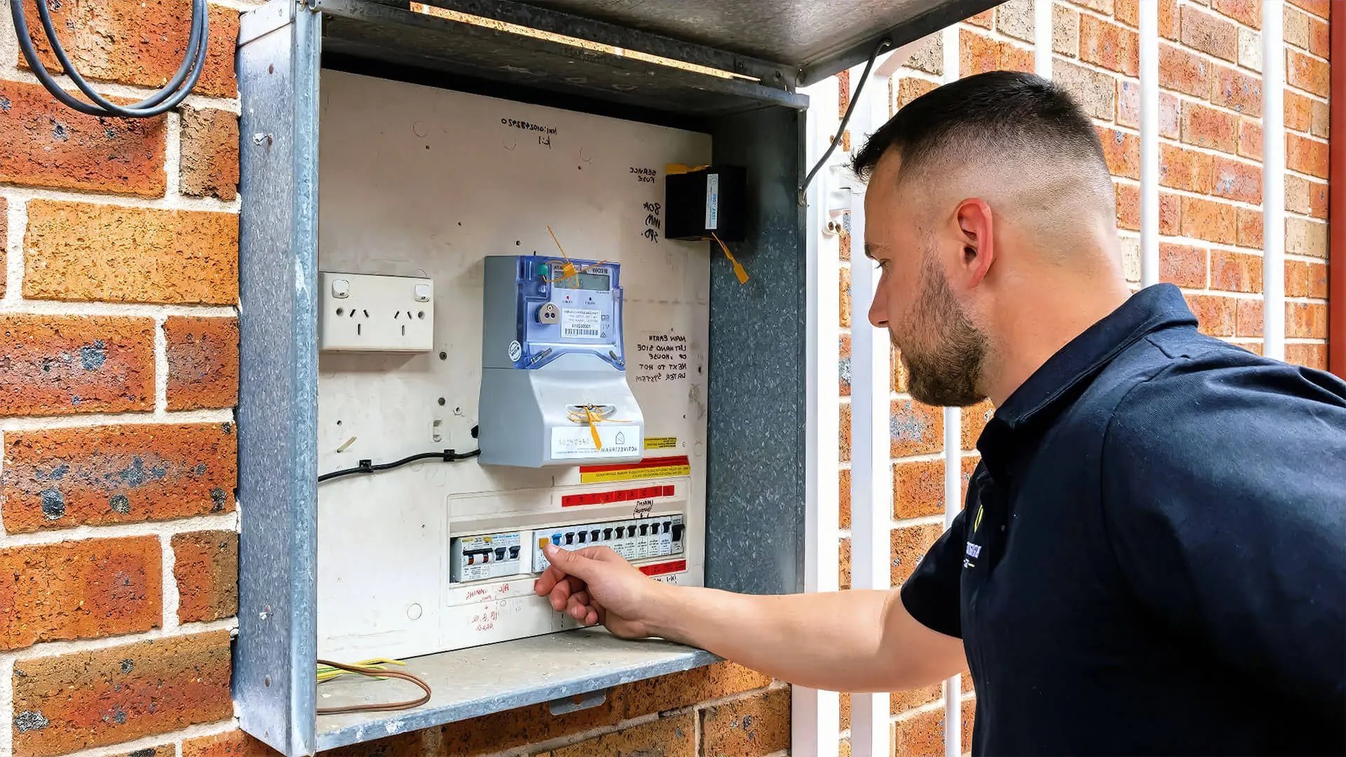 New weatherproof switchboard enclosure being fitted with circuit breakers